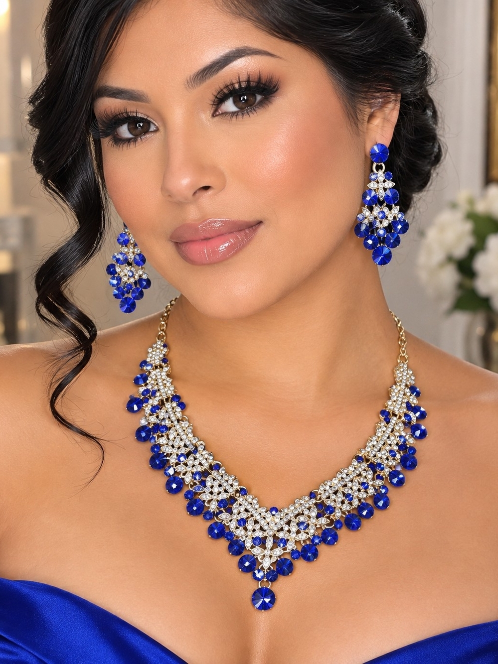 Gold-Tone Necklace & Earrings Set with Royal Blue Crystals